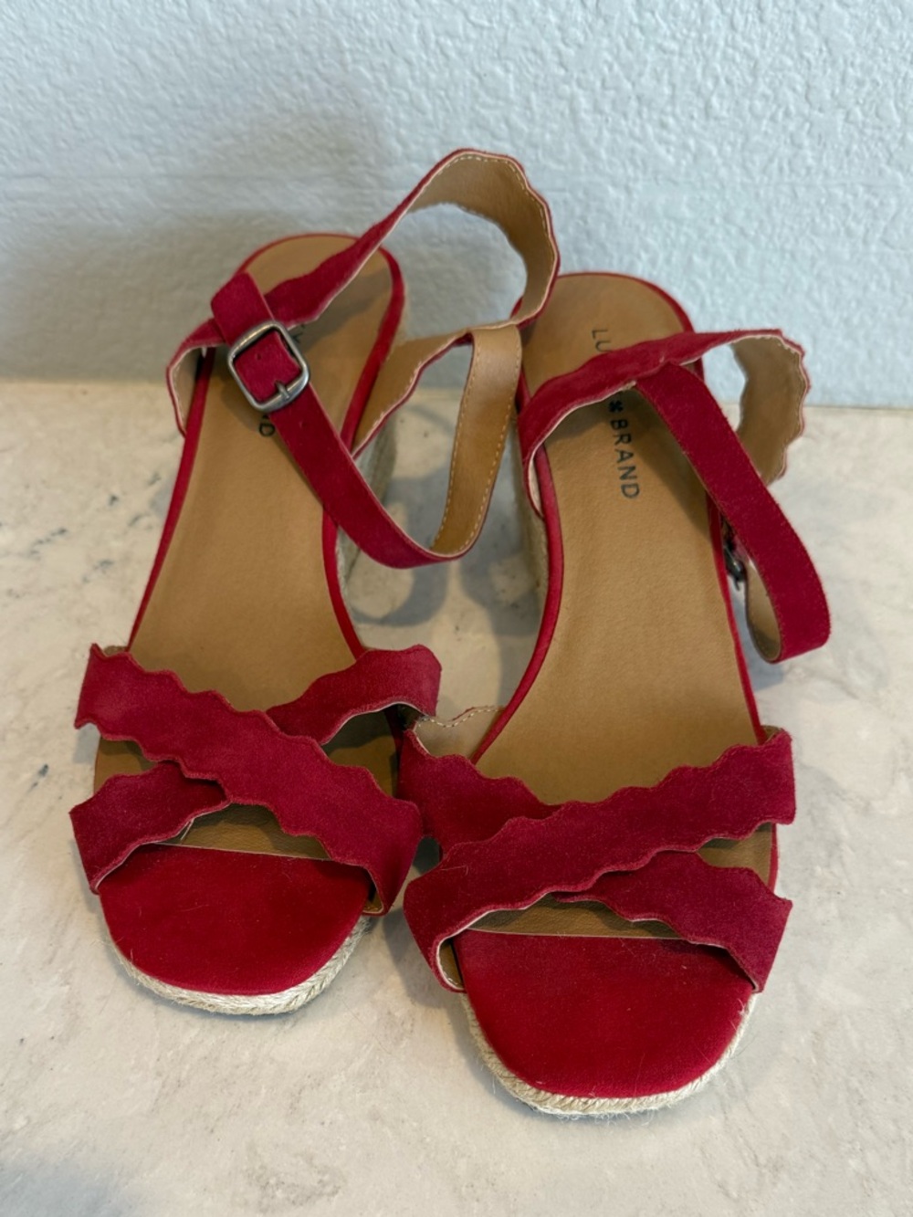Lucky Brand Red Scalloped Wedge Sandals